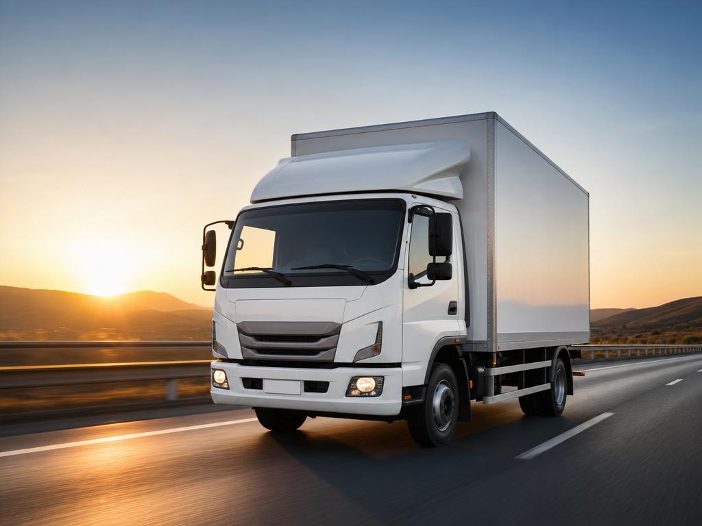 Modern box truck at sunset